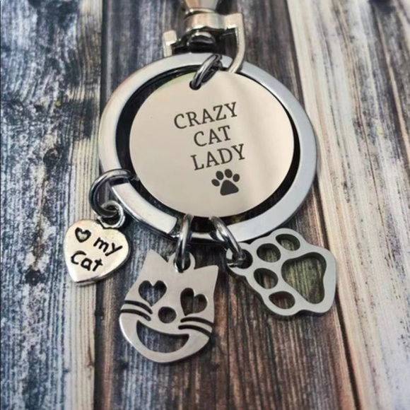 Cat Lady Keychain 3 Charms Silver New Swivel Purse Crazy - Picture 1 of 2